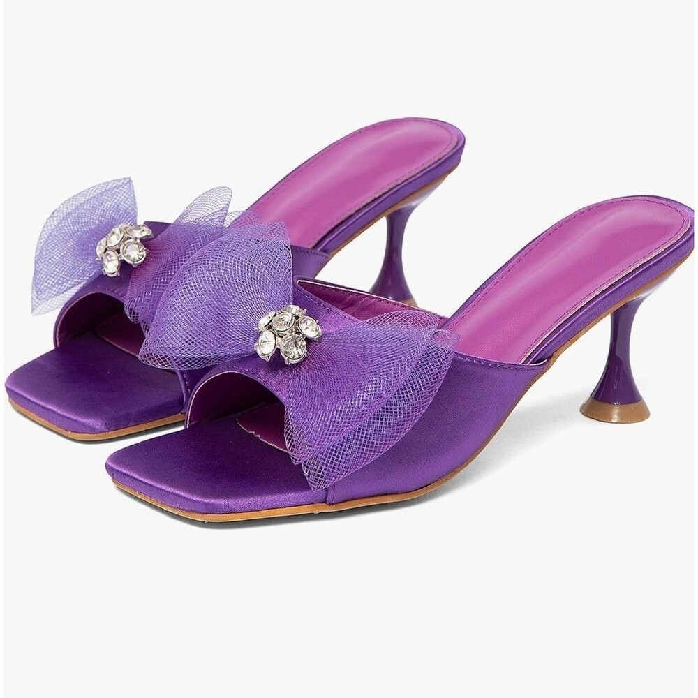 Women's Satin Wine Glass Heel Slides with Bow Rhinestones Luxury Square Open Toe
